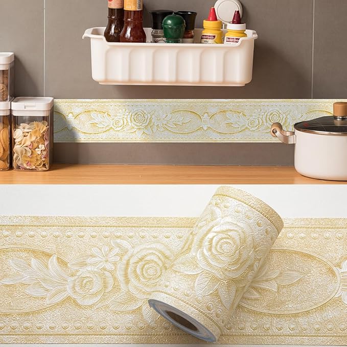 AbaBoorty Beige Floral Wallpaper Border Decor 394"X4.1" Peel and Stick Wall