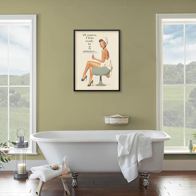Boho Sage Green Bathroom Poster Vintage 70s Pin Up Girl Wall Art 08x10 inch