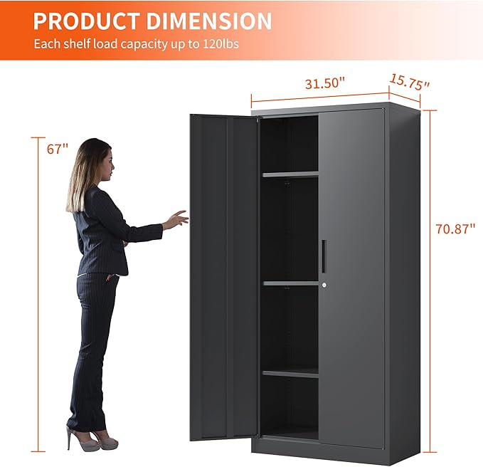 Metal Storage Cabinet with Adjustable Shelves, Garage Tool Cabinet with 2
