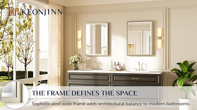Keonjinn Brushed Nickel Bathroom Mirrors 24" x 32", HD Tempered Glass