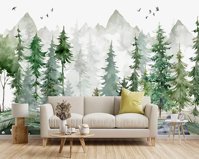 -Green Cartoon Pine Forest Nursery Fabric Wallpaper