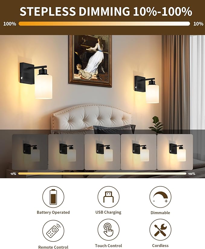 Rayogale Battery Operated Wall Sconce Set of 2, Easy Install Dimmable Wireless