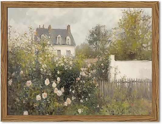 Framed Vintage Wall Art, Cottage Rose Garden Landscape Pictures Wall Decor