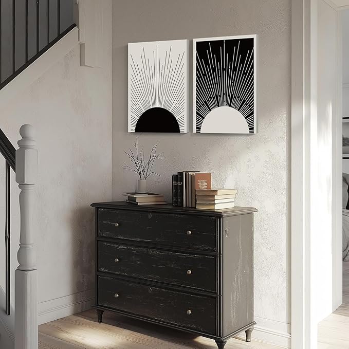 Hwetui Framed Boho Sun Wall Art Set of 2 Black and White Minimalist Sunrise