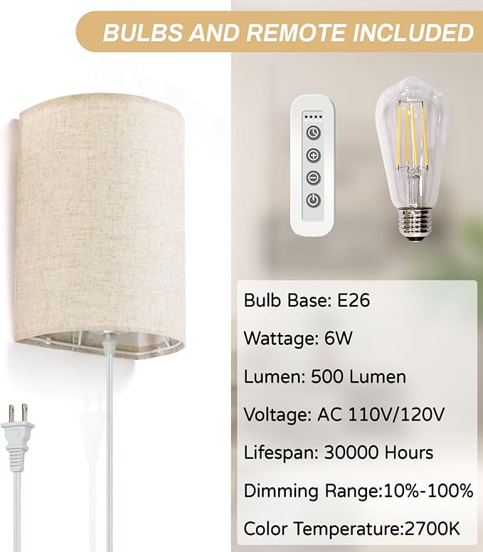 FINCMY Wall Sconce Light Plug in, Dimmable Sconces Wall Decor Set of 2
