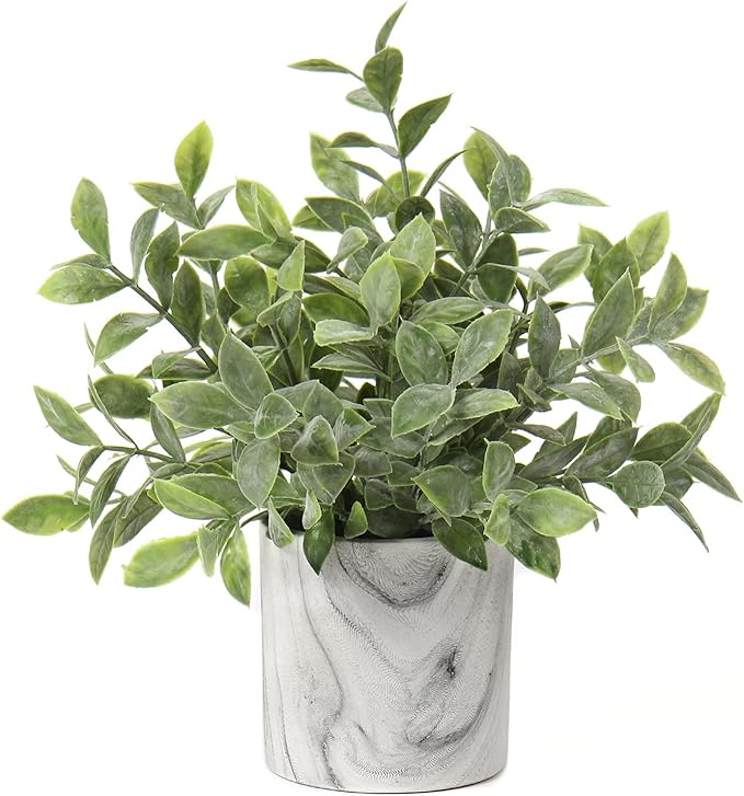 Hollyone Mini Artificial Potted Plants Fake Plants in Marble Pots, 1Pcs Plastic Eucalyptus Greenery Faux Plants for Home Office Desk Room Centerpiece Shelf Décor