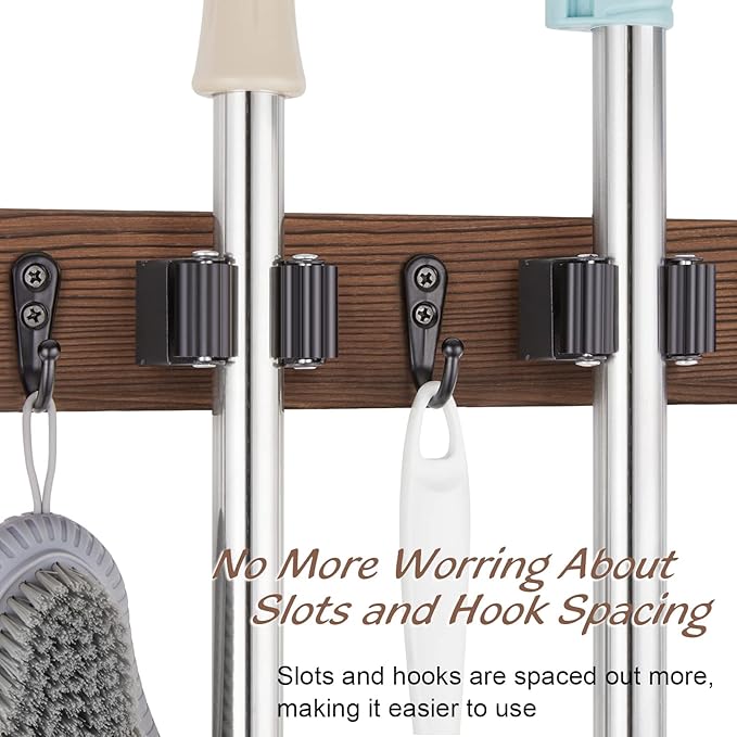OUTNILI Mop Broom Holder Wall Mount with 3 Slots & 4 Hooks - Wood Broom Mop Hanger for Pantry Kitchen Organization - Garden Tool Organizer for Closet Laundry Room - for Rustic Farmhouse Kitchen Decor