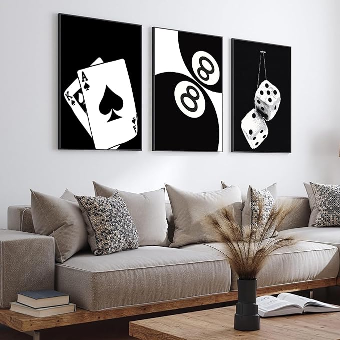 3Pcs Black and White Poker Dice Canvas Wall Art Lucky You Poster Prints Trendy