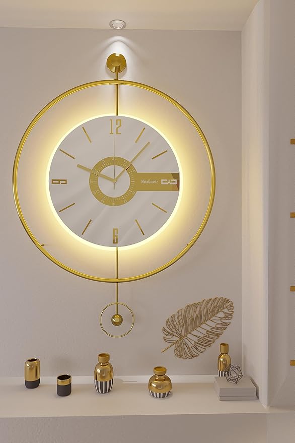 Large Luxury LED Backlit Wall Clock – Pendulum Roman Numeral Metal Ring
