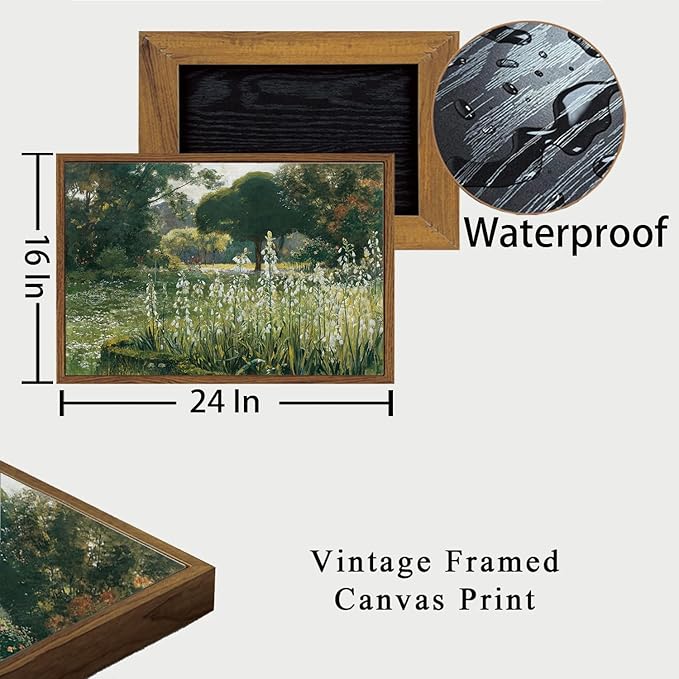 OIQArtOIQ Vintage Framed Wall Art Garden Landscape Canvas Art Prints Rustic