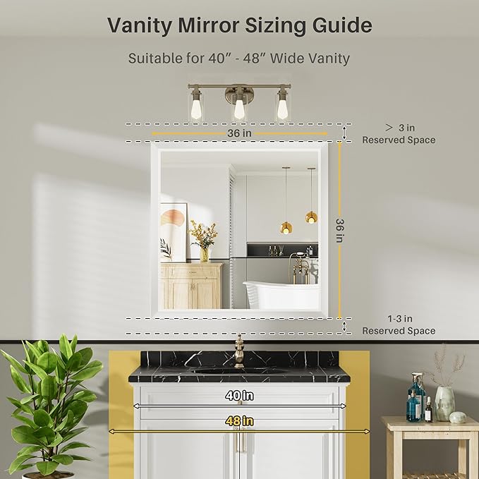 36x36 Inch White Bathroom Mirror