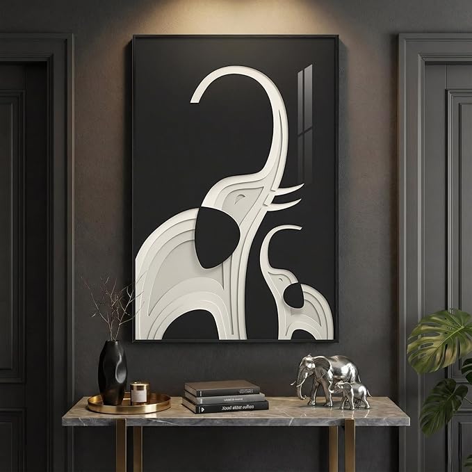 Large Framed Modern Black and White Wall Art, Contemporary Animal Elephant