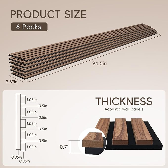 EVERECO 6 Pack Wood Slat Acoustic Wall Panels 92.5" × 7.87", 3D Sound Absorbing