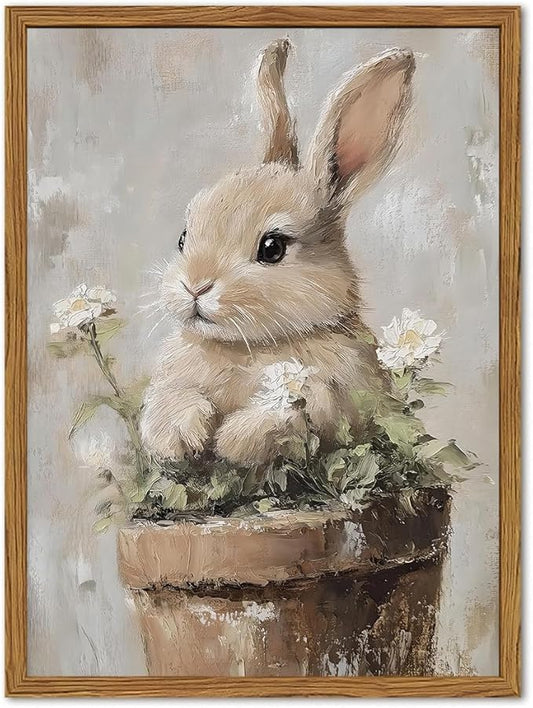 Framed Vintage Easter Bunny Wall Art, Cute Cottagecore Rabbit Floral Pictures