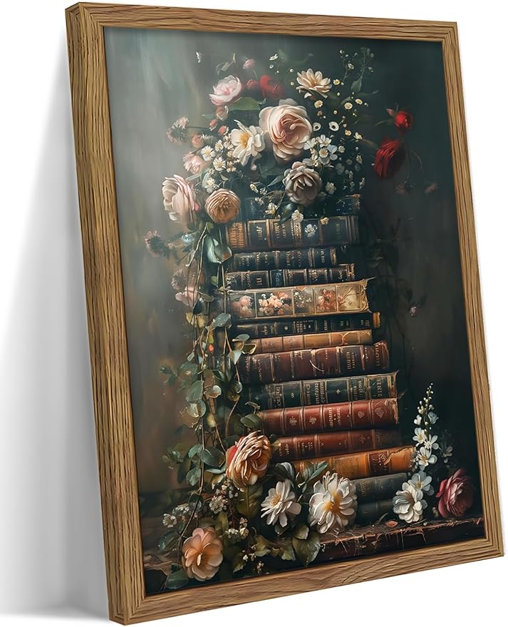 Vintage Framed Wall Art Flowers Books Canvas Prints, Dark Academia Wildflowers