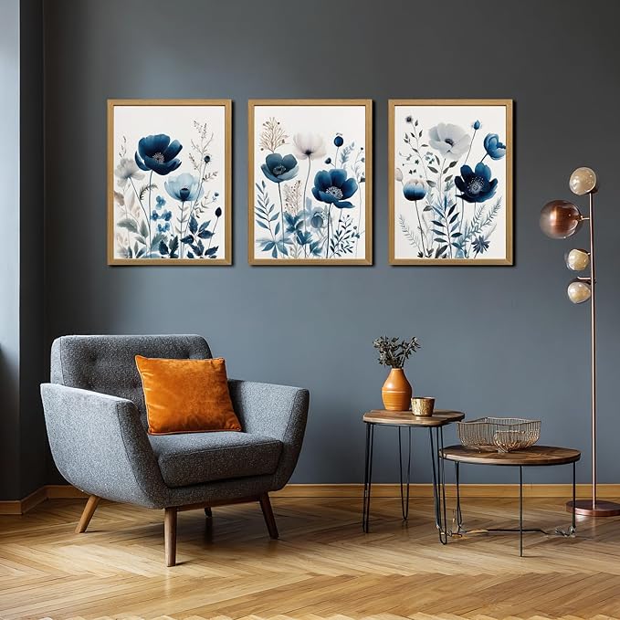 LLEEMPI Navy Blue Floral Wall Art Set of 3, Modern Wildflower Wall Decor
