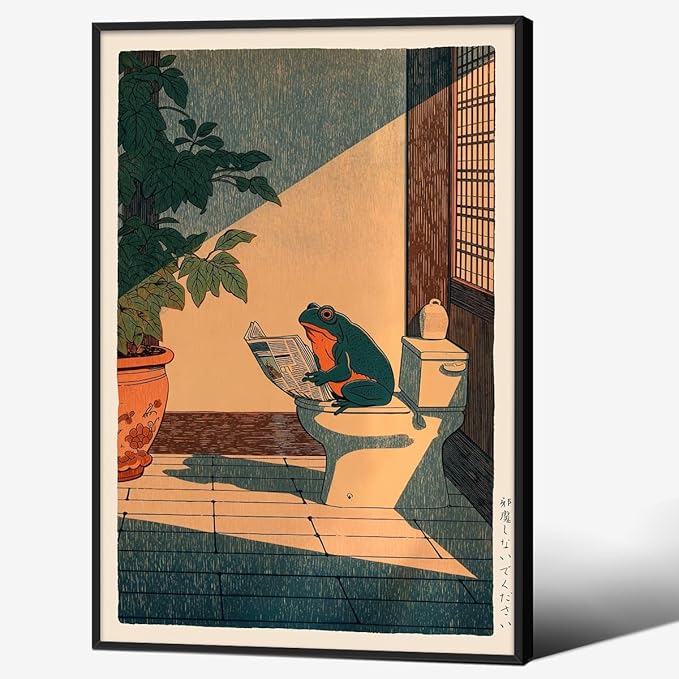 Vintage Japanese Black Framed Wall Art Funny Frog Bathroom Canvas Print Cute
