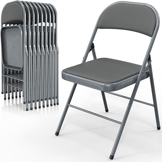 VINGLI 10 Pack Folding Chairs with Padded Seats, Metal Frame with Pu Leather Seat & Back, Capacity 350 lbs, Gray