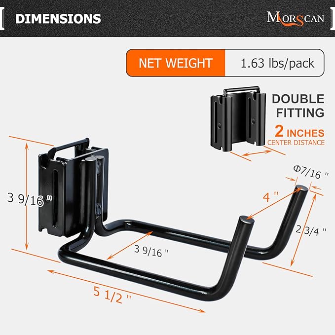 4-Pack E-Track Double Fitting J-Hooks, 4" Wide & 5.5" Deep Stable E Track Double J Hooks with Dual Fittings, Heavy Duty Shovel Hanger for Trailers, Trucks, Garden Tools Organizers Storage