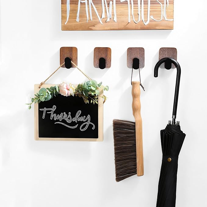 DELITON Wooden Wall Hooks, 4 Pack Acacia Adhesive Towel Hooks Sticky on