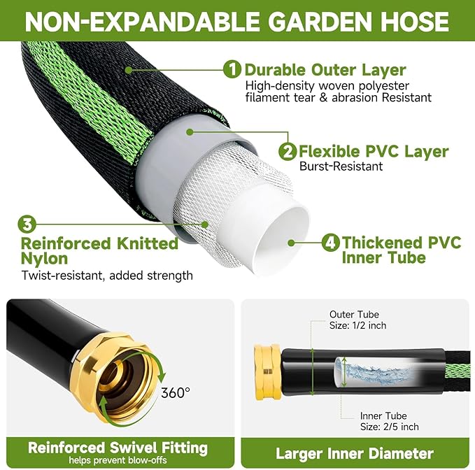 Garden Hose 25 ft Flexible Non-Expandable Water Hose Kink-Free Lightweight Leak-Proof High Pressure Durable Outdoor Portable Fabric Hoses Pipe with 3/4” Sturdy Fittings for Yard Lawn Car Wash