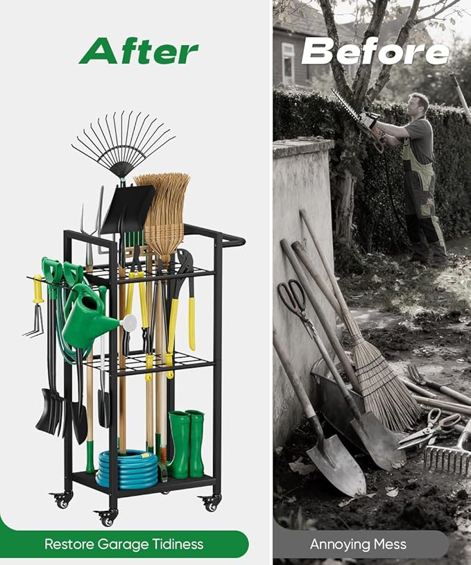 Garden Tool Organizer with Wheels, Heavy Duty 3 Tier Metal Yard Tool Storage Rack Holder with Side Hooks, Freestanding Garage Organizer for Shovels, Rakes, Brooms, Indoor Outdoor Use, Black