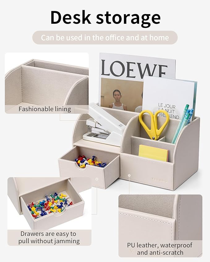 Vlando Office Desk Organizer Leather Desktop Organizer Caddy with Drawer for Storing Desktop Supplies and Accessories (White)