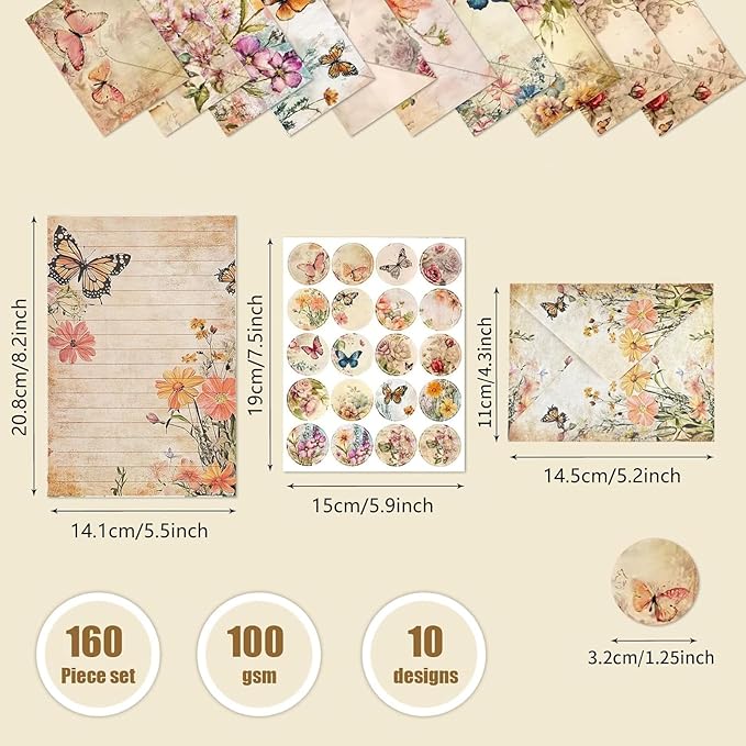 160 Pcs Stationery Paper Envelopes Set Includes 50 Lined Writing Paper & 50 Envelopes with 60 Colorful Round Dot Stickers, Cute Vintage Floral Letter Writing and Stationery Paper Envelopes(10Style)