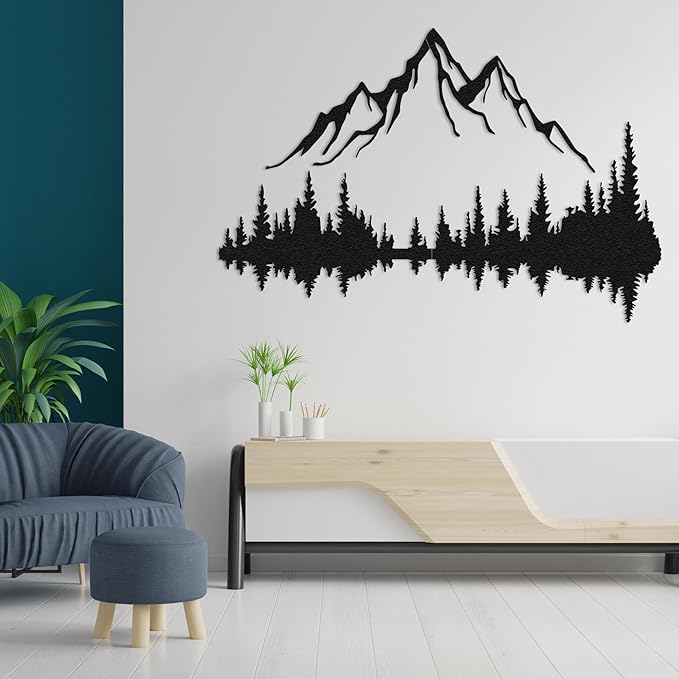WOCHMANN,Mountain Lake Forest Large Metal Wall Art Black Minimalist Nature Silhouette Wall Decor Outdoor Landscape Wall Sculpture for Living Room, Bedroom, Kitchen or Office (Black, 71W'' x 47L'', Unframed)