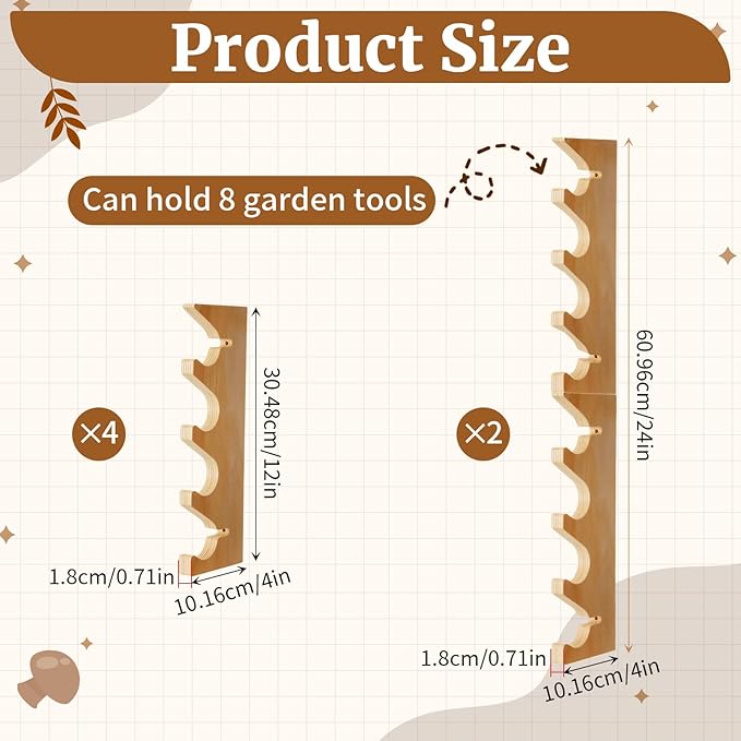 Beeveer 2 Pairs Pine Wood Garden Tool Organizer Wall Mount Garage Shed Yard Organization Racks Horizontal Garden Tool Holder for Wall Shovels Rakes Long Handled Objects Storage, 8 Slots in Total