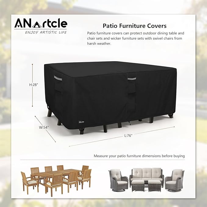 ANartcle Patio Furniture Covers 76L x 54W x 28H inch,600D Waterproof Heavy Duty Outdoor Furniture Covers,Outdoor Wicker Furniture Set with Swivel Patio Chairs General Purpose Furniture Cover,Black