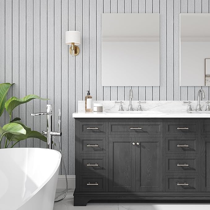 VEELIKE Light Grey Wood Wall Panels Peel and Stick Wood Slat Wall Panel