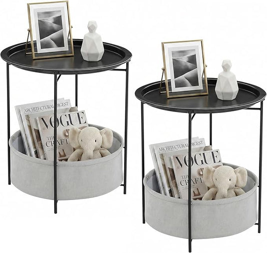 VECELO Round Side/End Table with Fabric Storage Basketï¼Metal Anti-Rust and Waterproof Small Bedside Nightstand with Removable Tray Top for Living Roomï¼Balcony & Laundryï¼Black /2pcs with Basket
