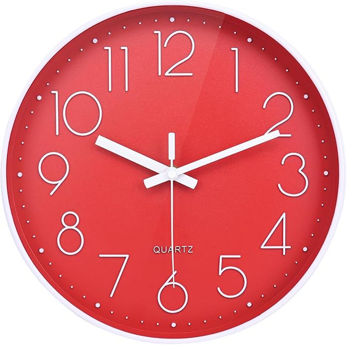 Red Wall Clock 12 Inch Silent Non-Ticking Modern Quartz Wall Clocks Battery