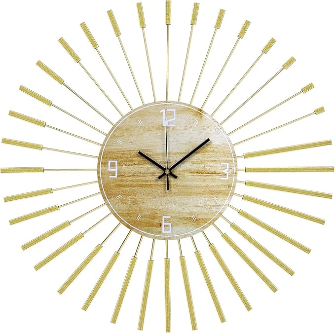 23.6 inch Gold Starburst Wall Clock, Metal & Wood Mid Century Modern Decorative
