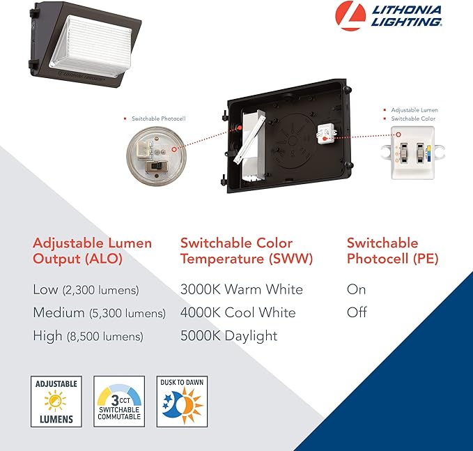 Lithonia Lighting 13" LED Wall Pack Outdoor Light Fixture, 3-Way Selectable CCT