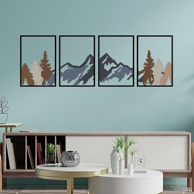 ESTART 4 Pcs Metal Mountain and Forest Wall Decorations Line Drawing Wall Art Minimalist Wall Decor Rustic Nature Home Wall Art Sculpture For Living Room Bedroom Office (Mountain Forest Large)