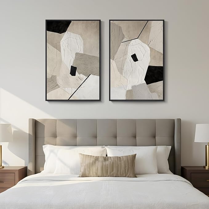 Framed Neutral Beige and Black Abstract Wall Art