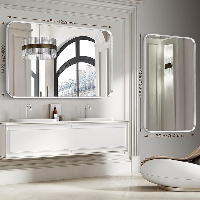 Brushed Nickel Bathroom Wall Mirror, Tempered Glass, Shatter Proof, Hangs