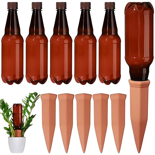 6 Sets Plant Watering Devices Include Terracotta Self Watering Spikes and 26 oz Plastic Bottles Slow Release Vacation Insert Automatic Plant Watered Device