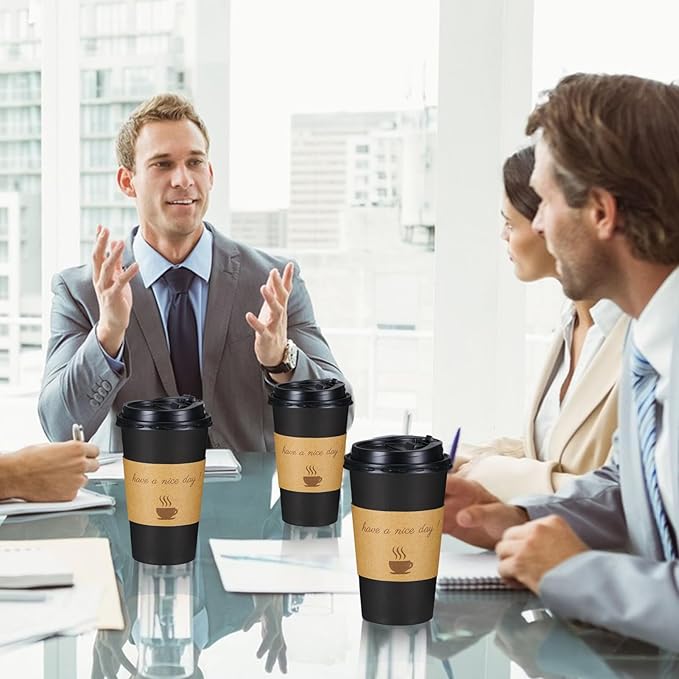 Lamosi 16 OZ Coffee Cups 500 Pack with Lids, Stir Sticks and Sleeves, Disposable Hot Paper Cup for Home, Travel, Office
