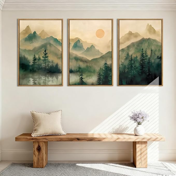IARTTOP Large Mountain Framed Canvas Wall Art 16x24 Inch Green Foggy Forest Landscape Art Prints Set of 3 Nature woodland Landscape Wall Decor for Living Room Bedroom Office