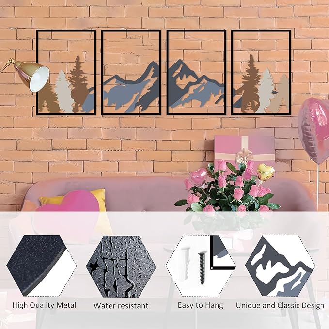 ESTART 4 Pcs Metal Mountain and Forest Wall Decorations Line Drawing Wall Art Minimalist Wall Decor Rustic Nature Home Wall Art Sculpture For Living Room Bedroom Office (Mountain Forest Large)