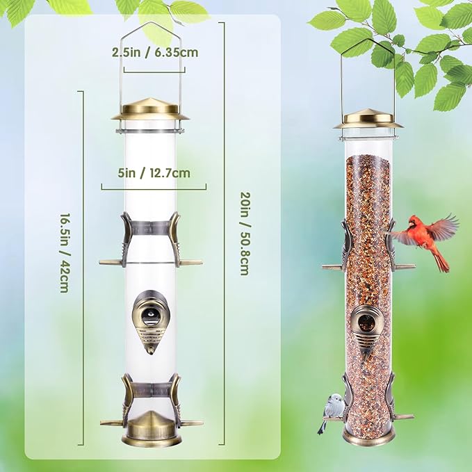 MIXXIDEA 1PK Metal Wild Bird Feeder,Squirrel Proof Bird Feeders for Outside,Hanging 6 Port Tube Bird Feeder Transparent Finch Bird Feeder for Attracting Birds in Your Lawn, Garden, Balcony-Bronze
