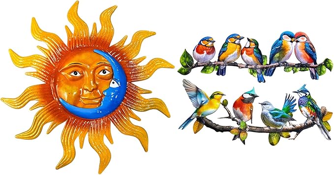 2025 New Metal Birds Outdoor Wall Art Decor+25.7'' Large Size Metal Sun Outdoor Wall Art Decor