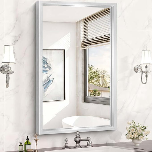 40x24 Silver Bathroom Mirror, Brushed Silver Rectangular Mirror