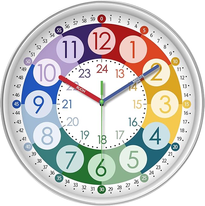 XFM Colorful Kids Wall Clock 14 Inch Silent Wall Clocks Battery Operated