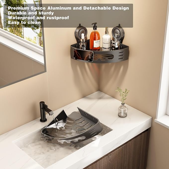 Voldra Corner Shower Caddy Suction Cup, Aluminum Corner Shower Shelves