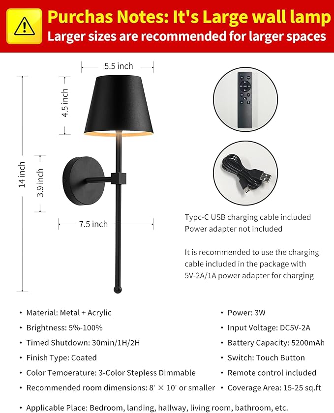 KDG Cordless Wall Sconces Set of 2, Wireless 5200mAh Rechargeable Battery LED