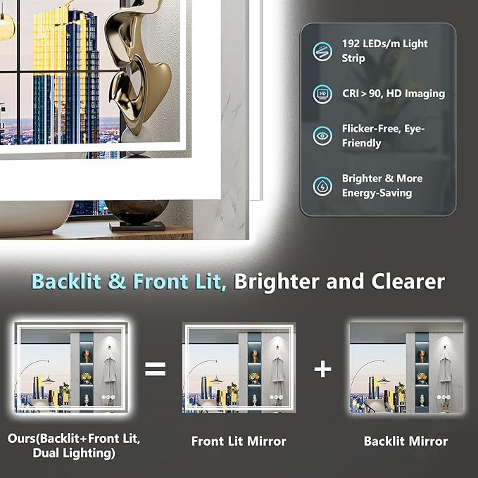 40x32 LED Bathroom Mirror with Lights, Backlit and Front Lit Anti-Fog Lighted